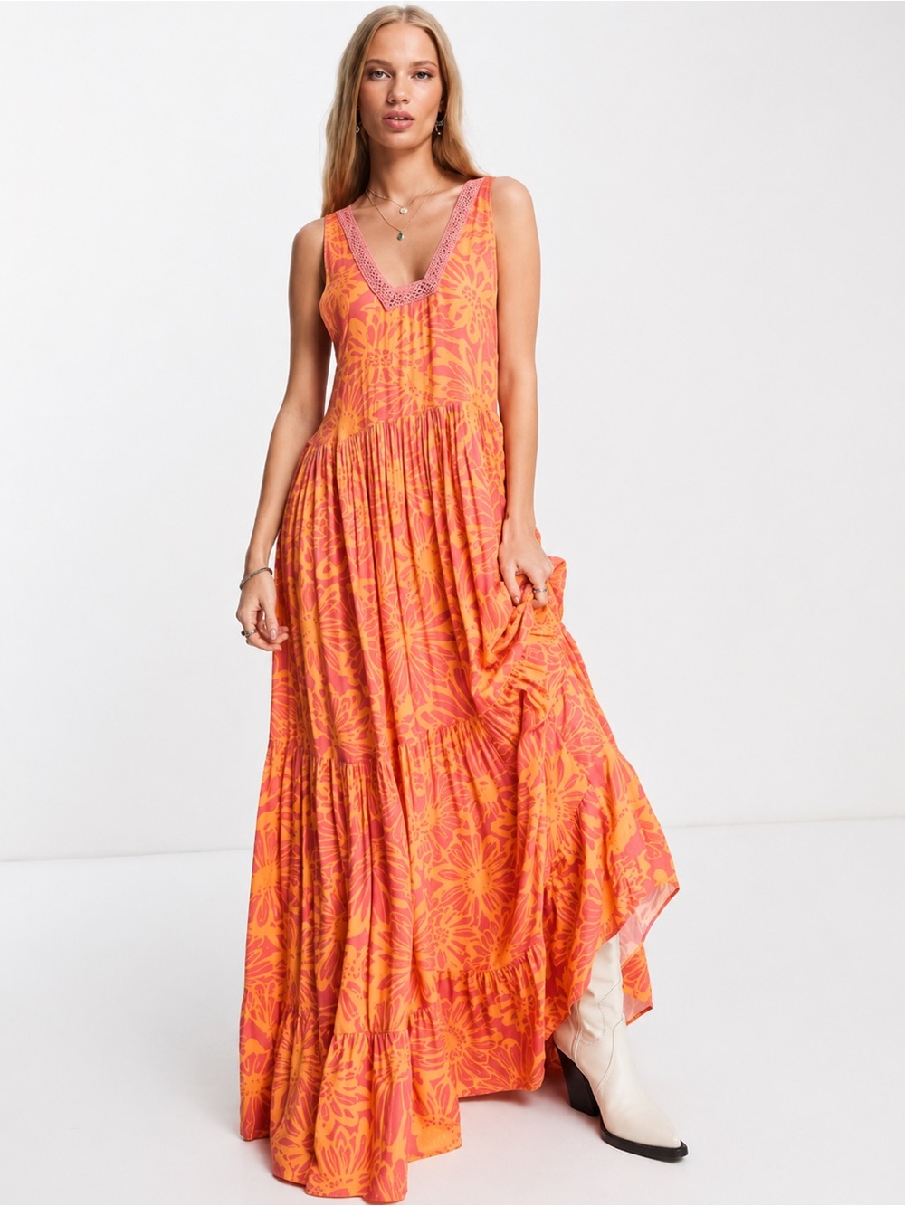 Free People | European Summer Tiers for You Printef Orange-Pink Maxi Dress Large - Picture 2 of 9